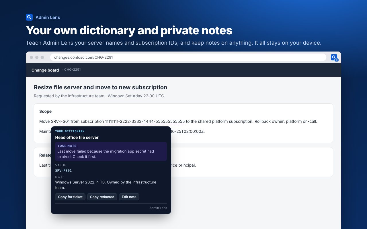 A change request where a server name from the dictionary is underlined, with a card showing a private note