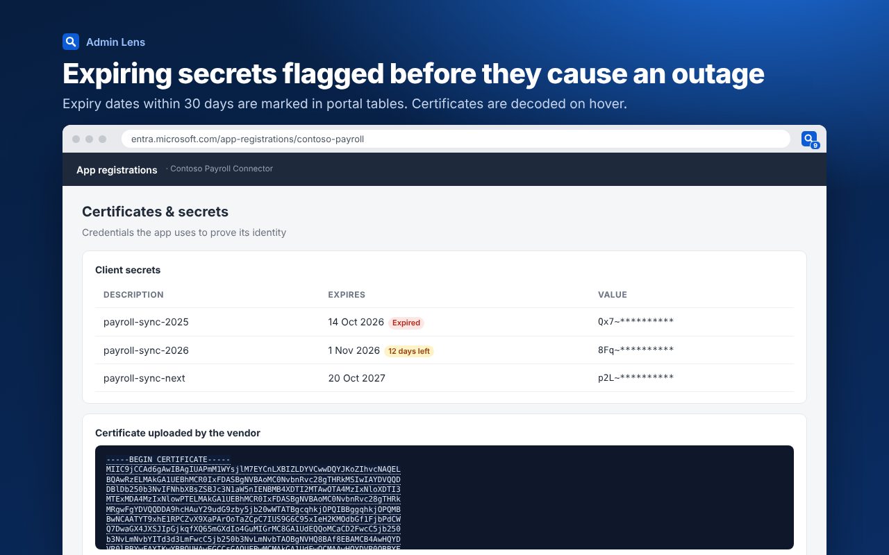An app registration's client secrets with one marked Expired and another marked 12 days left